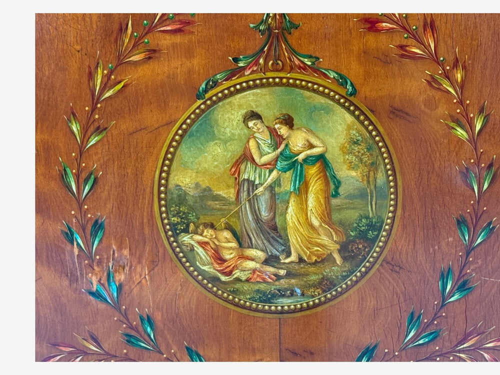 Edwardian, Adams Paint Decorated Demilune Cabinet, Inlaid Wood, 19th c.
