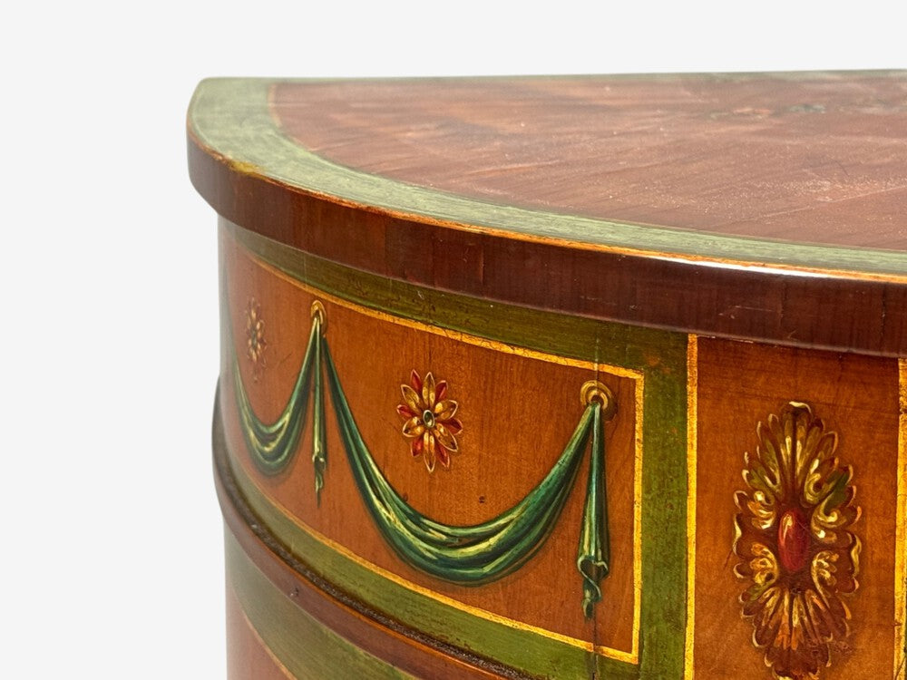 Edwardian, Adams Paint Decorated Demilune Cabinet, Inlaid Wood, 19th c.