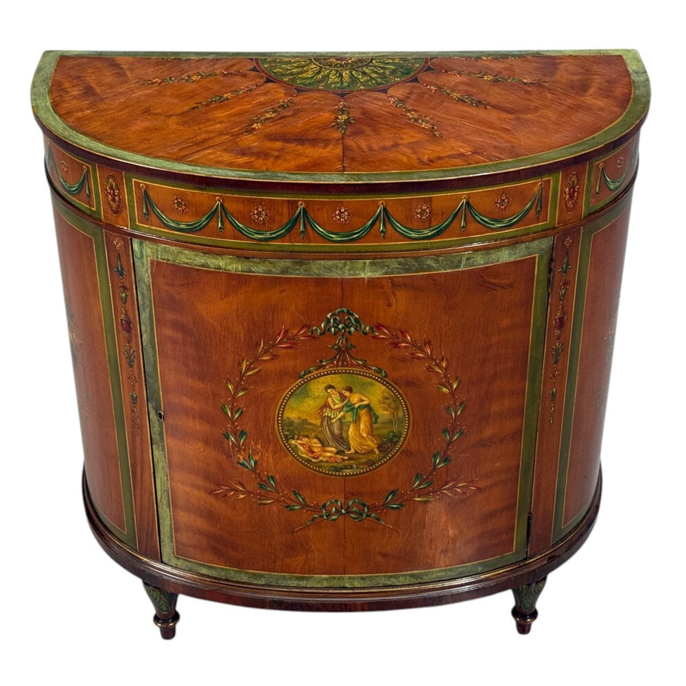 Edwardian, Adams Paint Decorated Demilune Cabinet, Inlaid Wood, 19th c.