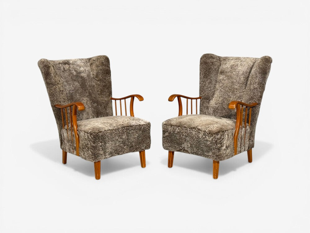 Swedish Modern, Lounge Chairs, Elm, Gray Shearling, Sweden, 1940s