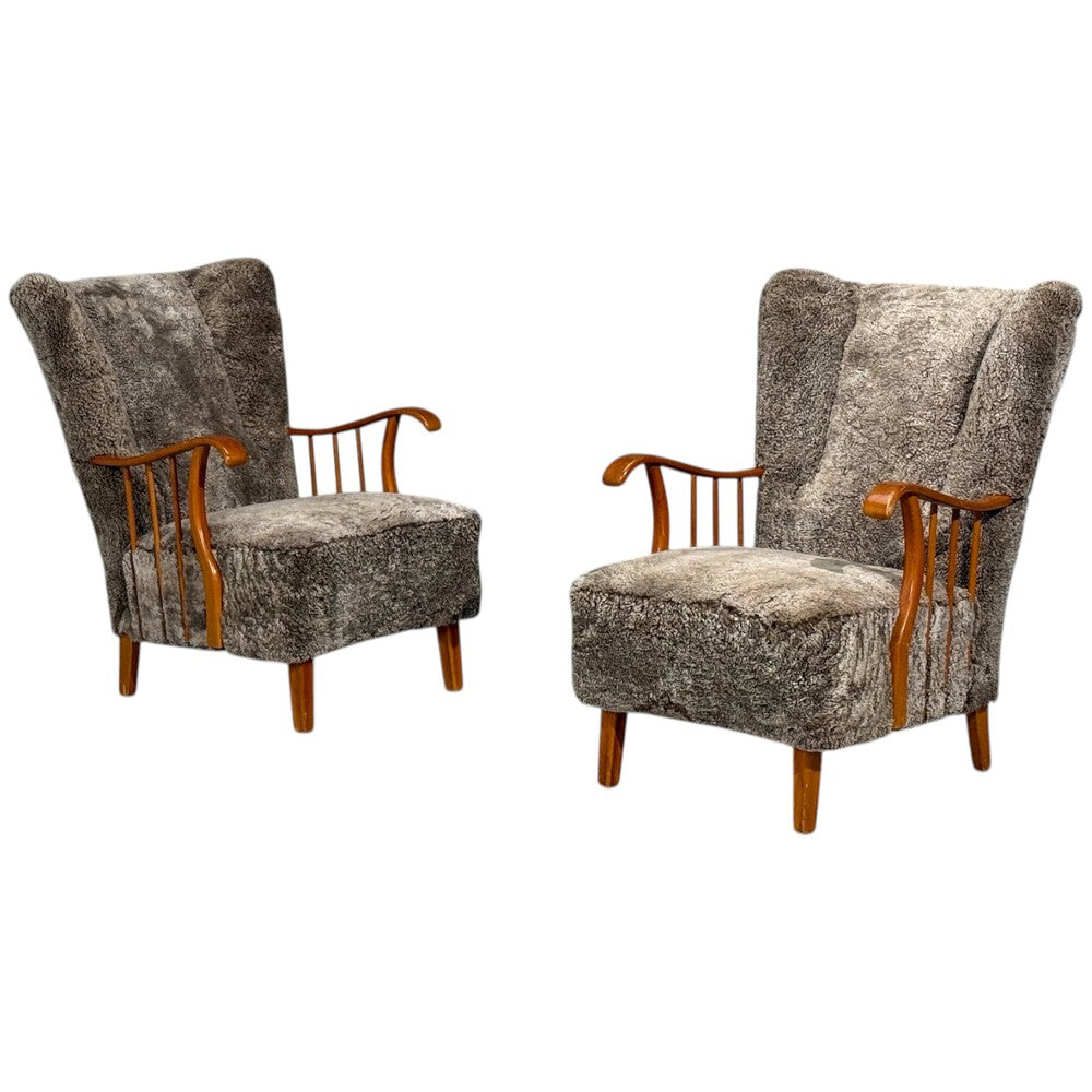 Swedish Modern, Lounge Chairs, Elm, Gray Shearling, Sweden, 1940s