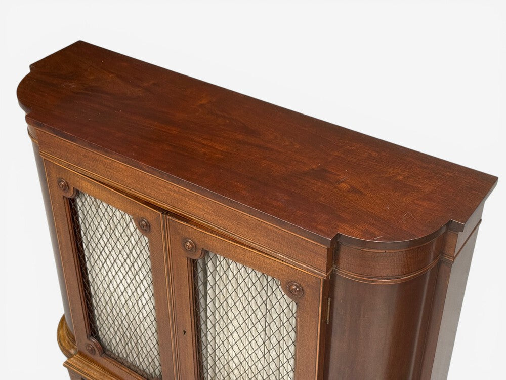 English Regency, Demilune Cabinets, Mahogany, Brass, Fabric, England, 20th c.