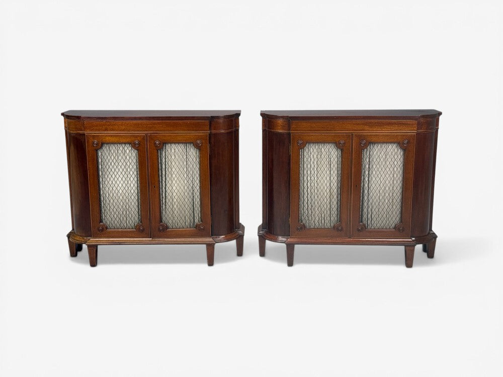 English Regency, Demilune Cabinets, Mahogany, Brass, Fabric, England, 20th c.