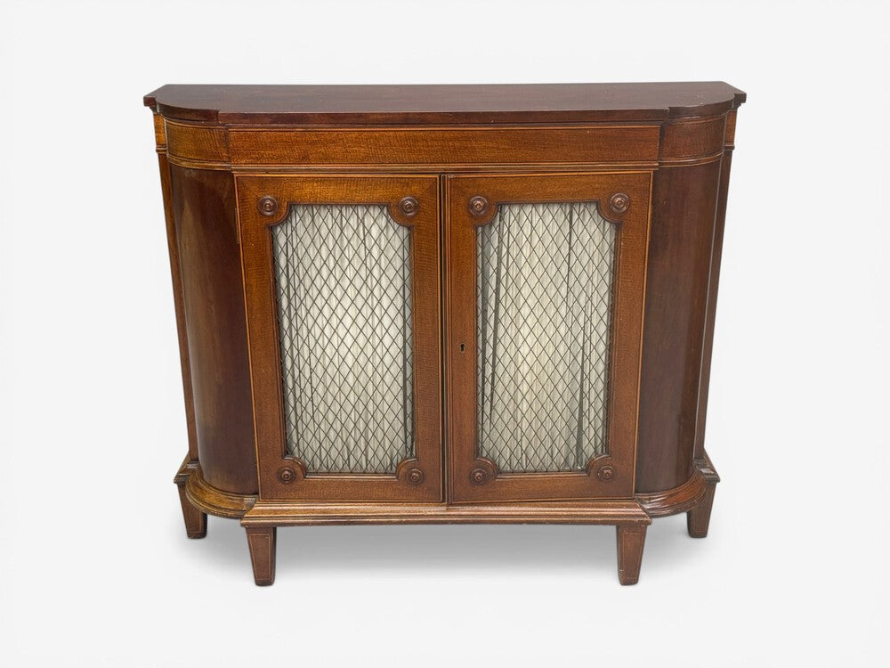 English Regency, Demilune Cabinets, Mahogany, Brass, Fabric, England, 20th c.