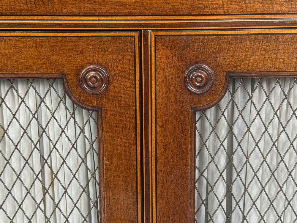 English Regency, Demilune Cabinets, Mahogany, Brass, Fabric, England, 20th c.
