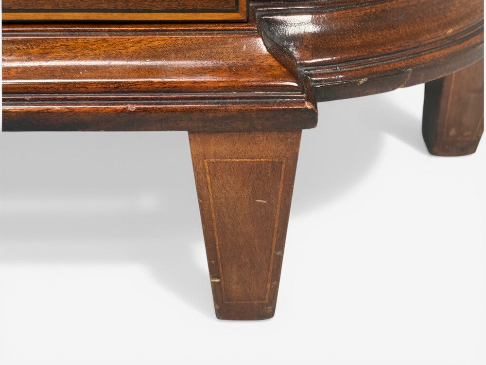 English Regency, Demilune Cabinets, Mahogany, Brass, Fabric, England, 20th c.