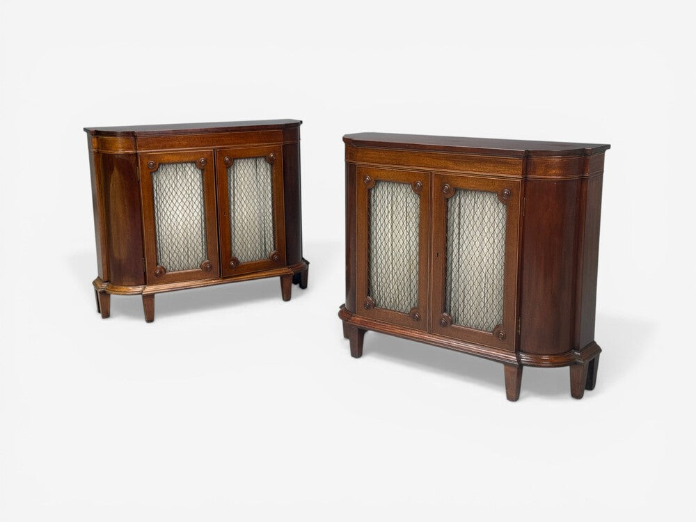 English Regency, Demilune Cabinets, Mahogany, Brass, Fabric, England, 20th c.