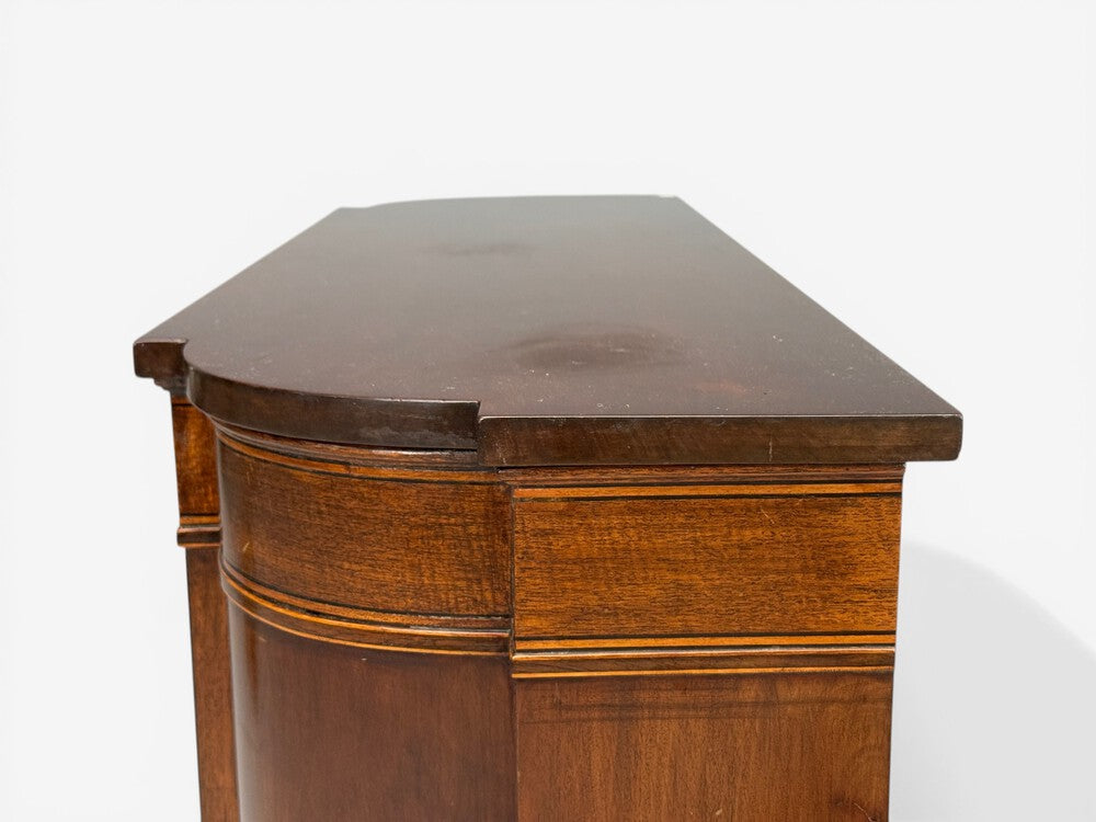 English Regency, Demilune Cabinets, Mahogany, Brass, Fabric, England, 20th c.