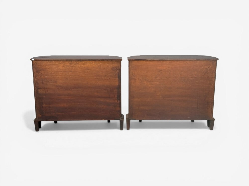 English Regency, Demilune Cabinets, Mahogany, Brass, Fabric, England, 20th c.