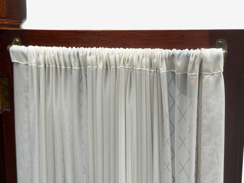 English Regency, Demilune Cabinets, Mahogany, Brass, Fabric, England, 20th c.