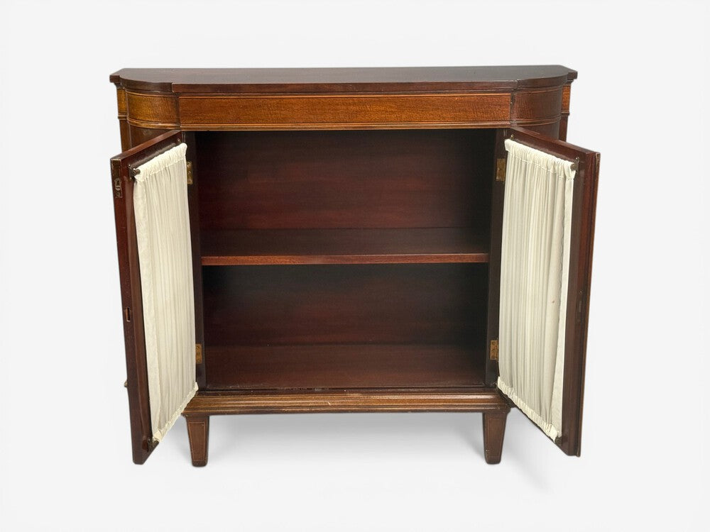 English Regency, Demilune Cabinets, Mahogany, Brass, Fabric, England, 20th c.