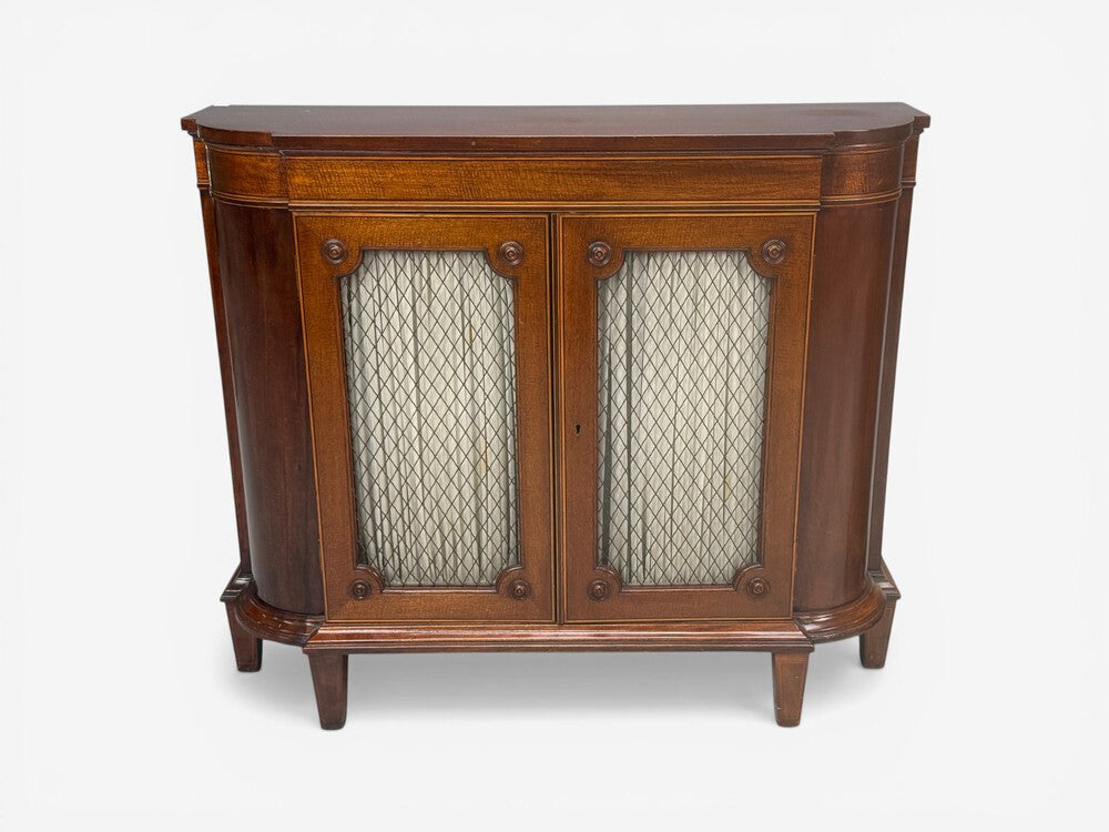 English Regency, Demilune Cabinets, Mahogany, Brass, Fabric, England, 20th c.