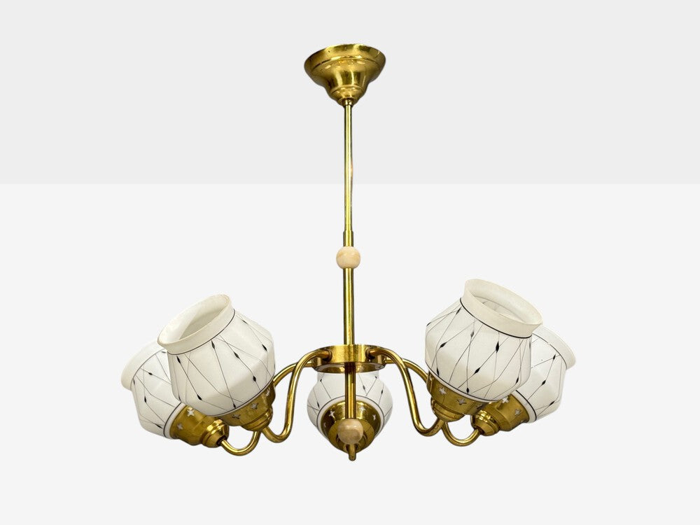 Swedish Modern, Pendant Light, Opaline Glass, Brass, Plastic, Sweden, 1930s