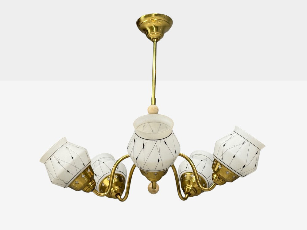 Swedish Modern, Pendant Light, Opaline Glass, Brass, Plastic, Sweden, 1930s