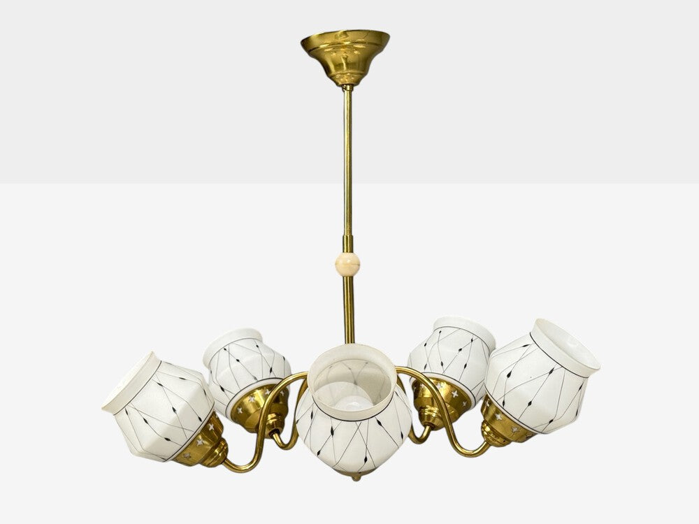 Swedish Modern, Pendant Light, Opaline Glass, Brass, Plastic, Sweden, 1930s
