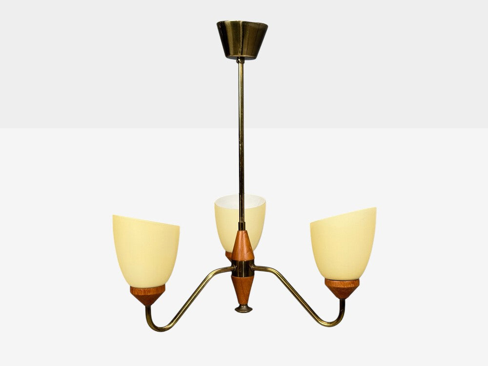 Swedish Modern, Pendant Light, Teak, Brass, Glass, Sweden, 1950s