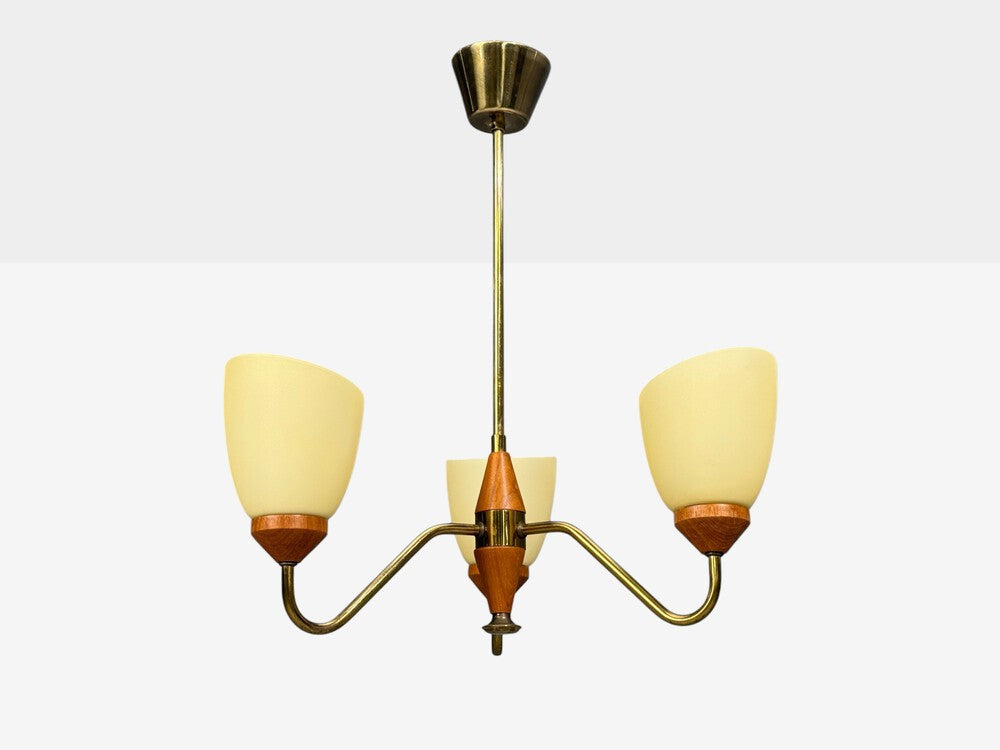 Swedish Modern, Pendant Light, Teak, Brass, Glass, Sweden, 1950s