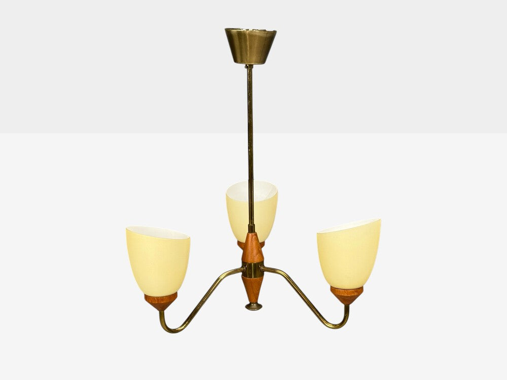 Swedish Modern, Pendant Light, Teak, Brass, Glass, Sweden, 1950s