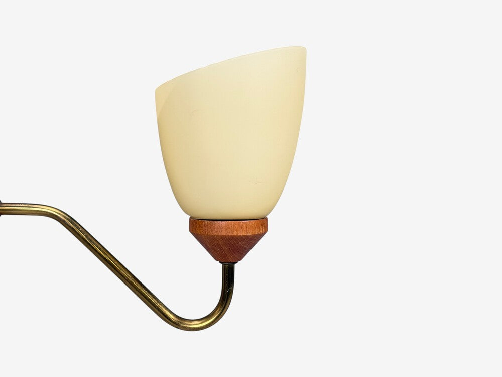 Swedish Modern, Pendant Light, Teak, Brass, Glass, Sweden, 1950s