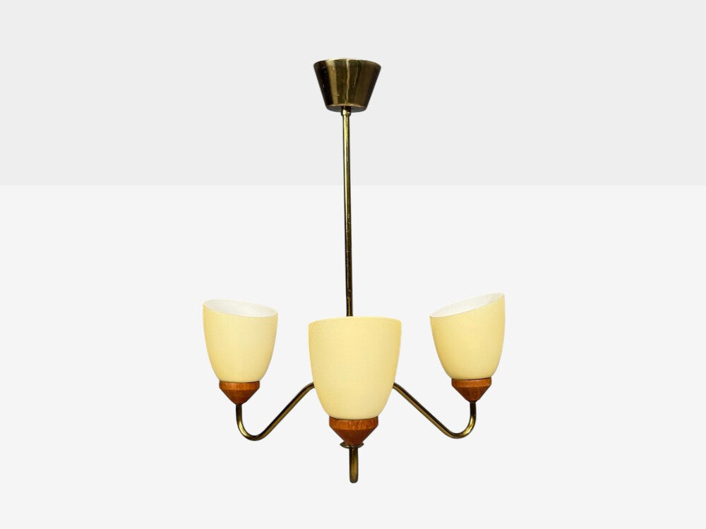 Swedish Modern, Pendant Light, Teak, Brass, Glass, Sweden, 1950s