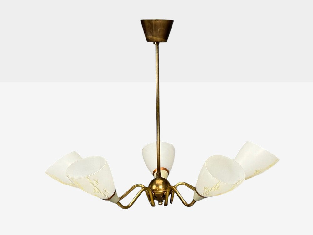Swedish Modern, Pendant Light, Opaline Glass, Brass, Sweden, 1940s