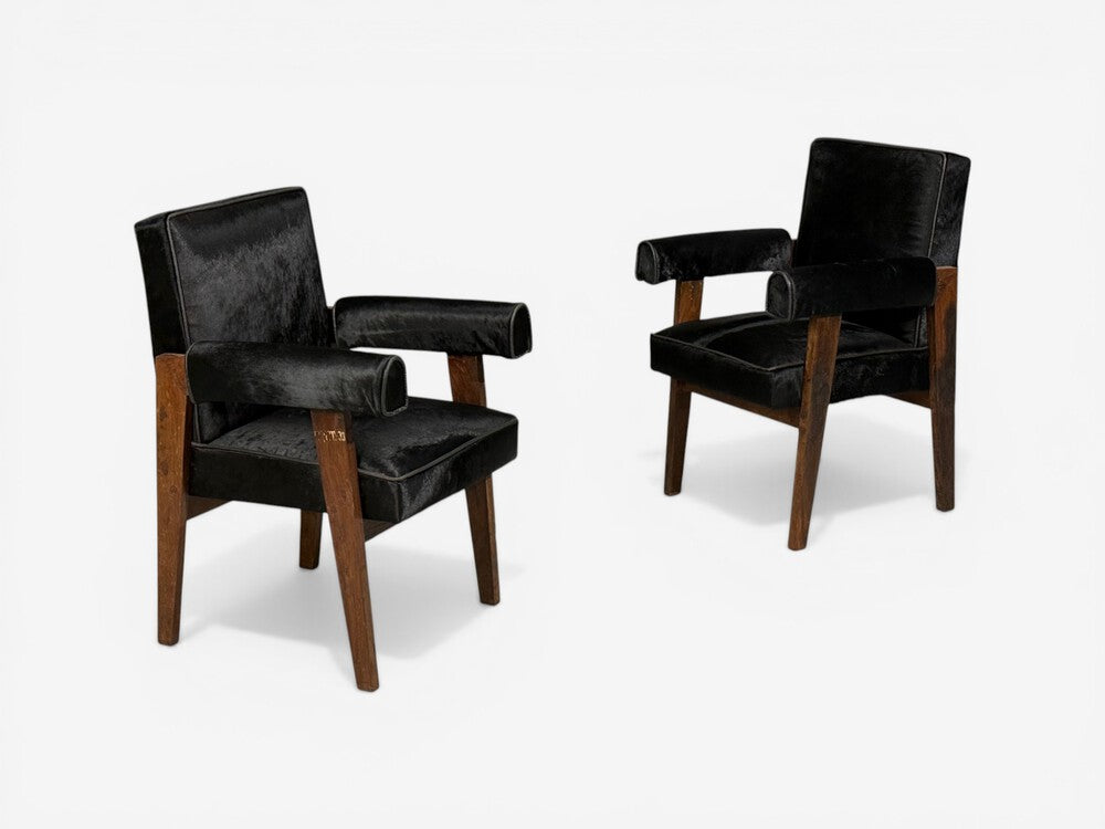Pierre Jeanneret, Advocate Armchairs, Black Cowhide, Teak, Chandigarh, 1960s