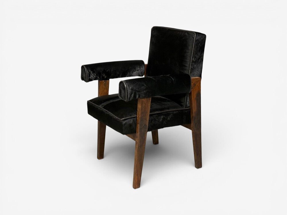 Pierre Jeanneret, Advocate Armchairs, Black Cowhide, Teak, Chandigarh, 1960s