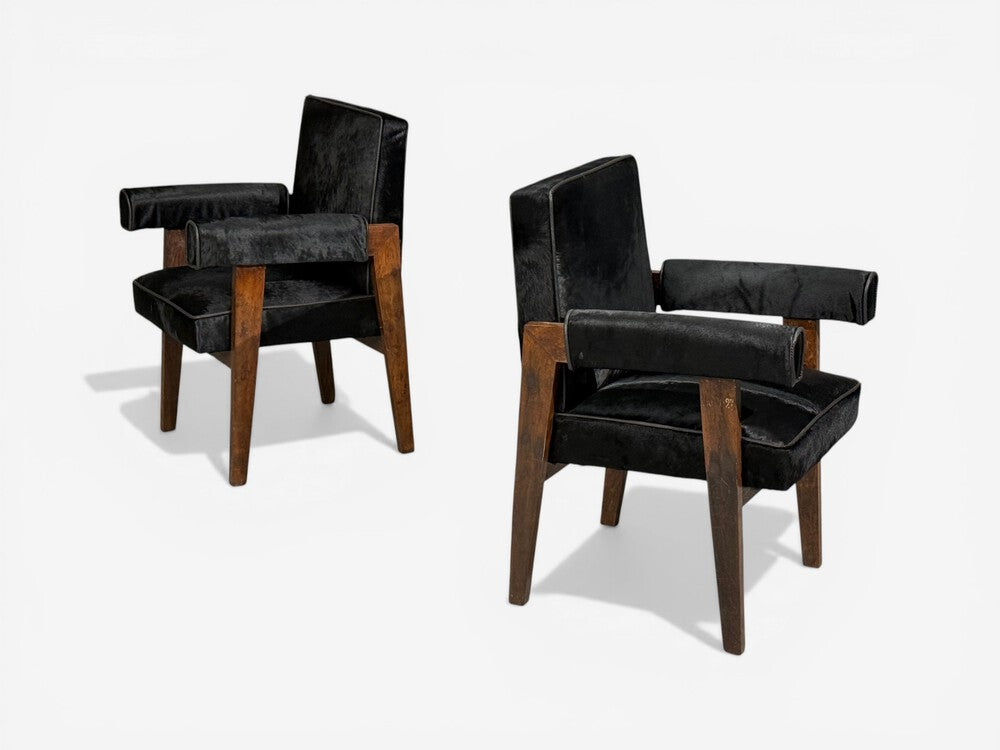 Pierre Jeanneret, Advocate Armchairs, Black Cowhide, Teak, Chandigarh, 1960s