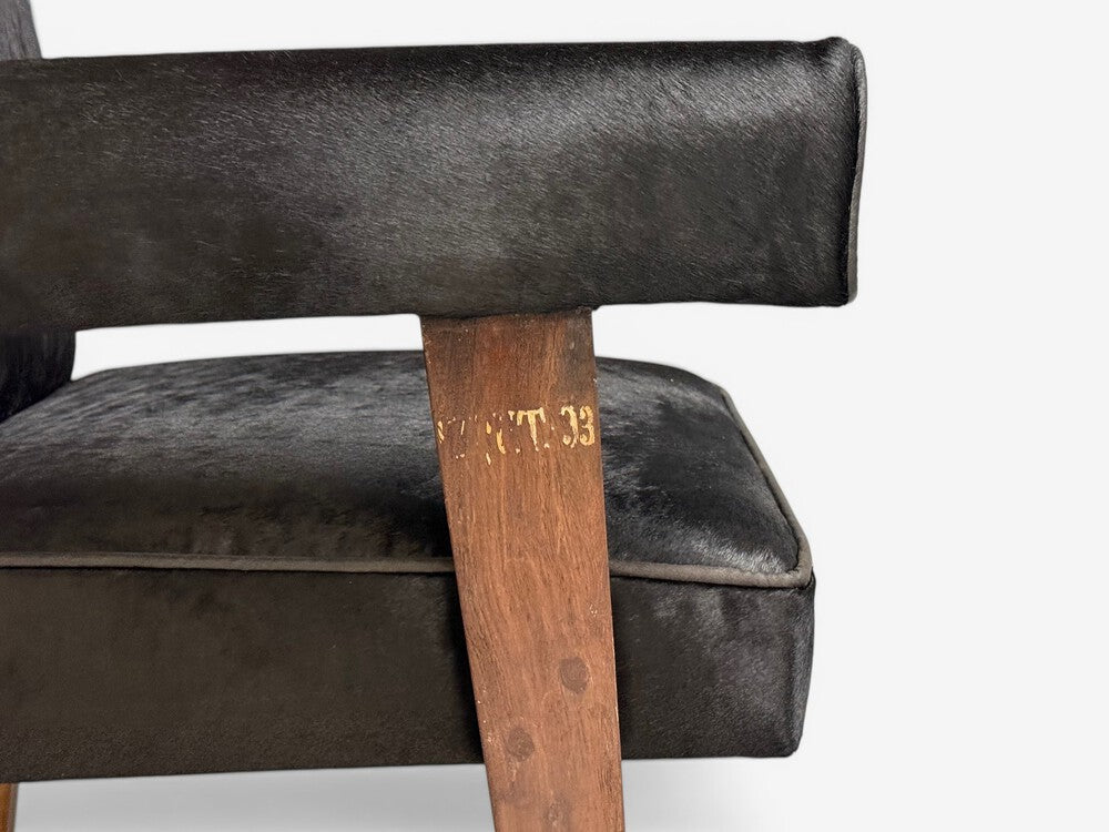 Pierre Jeanneret, Advocate Armchairs, Black Cowhide, Teak, Chandigarh, 1960s