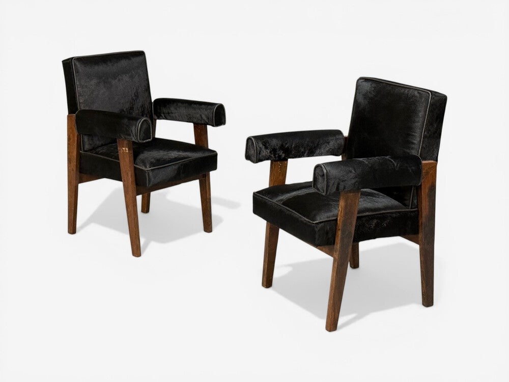 Pierre Jeanneret, Advocate Armchairs, Black Cowhide, Teak, Chandigarh, 1960s