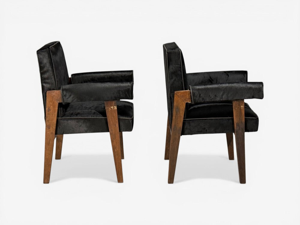 Pierre Jeanneret, Advocate Armchairs, Black Cowhide, Teak, Chandigarh, 1960s