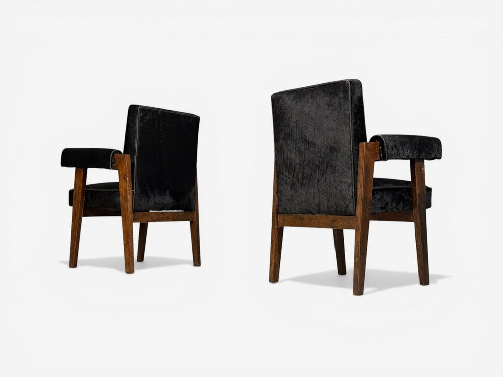 Pierre Jeanneret, Advocate Armchairs, Black Cowhide, Teak, Chandigarh, 1960s