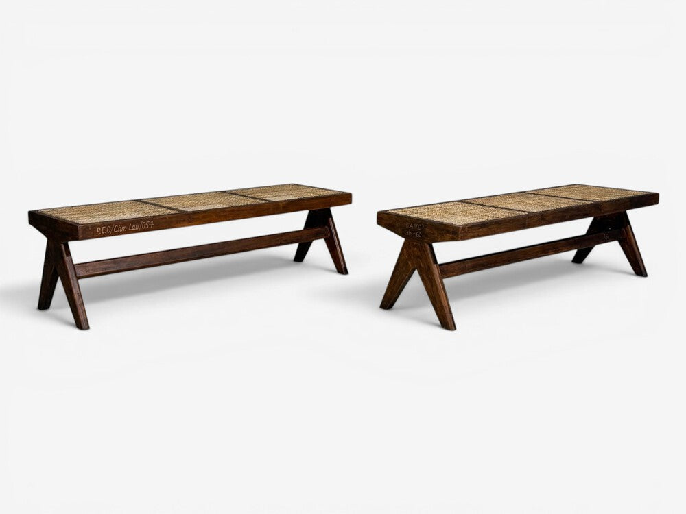 Pierre Jeanneret, Three Seat Benches, Teak, Cane, Chandigarh, India, 1960s