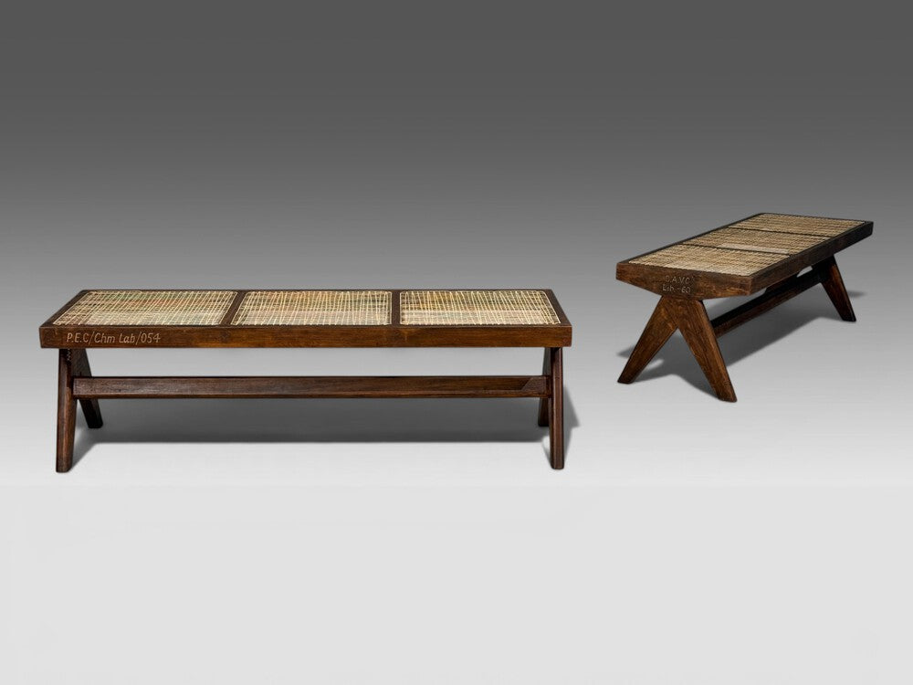 Pierre Jeanneret, Three Seat Benches, Teak, Cane, Chandigarh, India, 1960s
