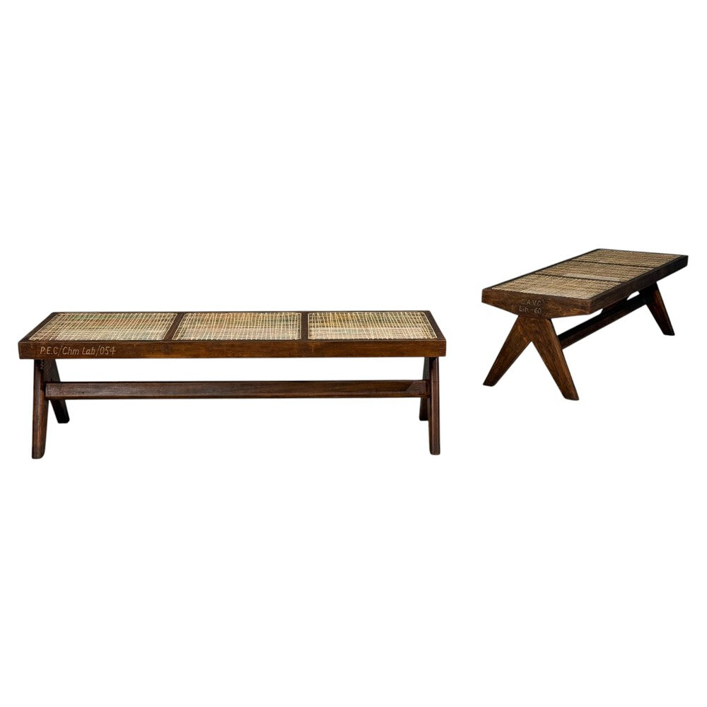 Pierre Jeanneret, Three Seat Benches, Teak, Cane, Chandigarh, India, 1960s