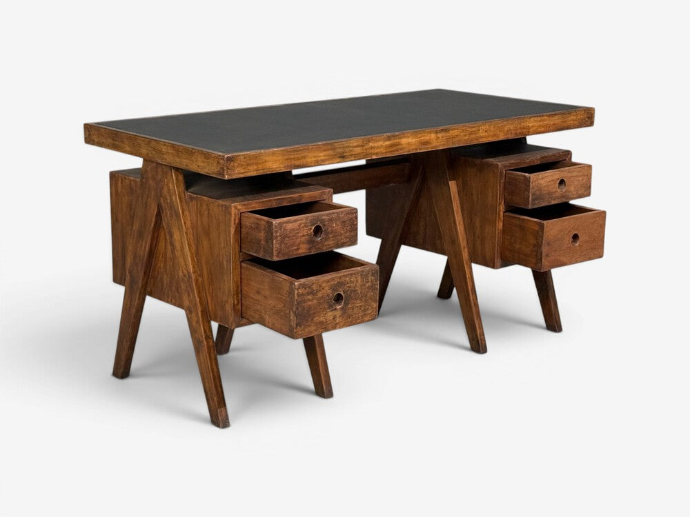 Pierre Jeanneret, Rare Writing Desk, Teak, Leatherette, Chandigarh, India, 1960s