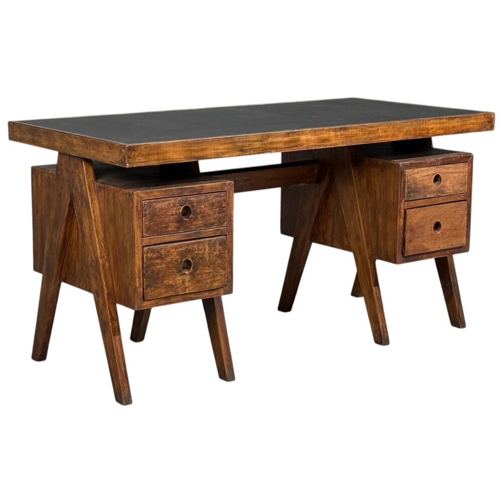 Pierre Jeanneret, Rare Writing Desk, Teak, Leatherette, Chandigarh, India, 1960s