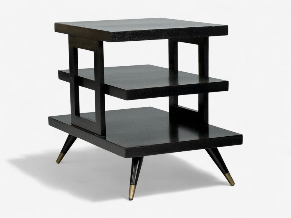 Ico Parisi Style, Ebonized Wood, Brass, Sculptural Side Table, Europe, 1950s