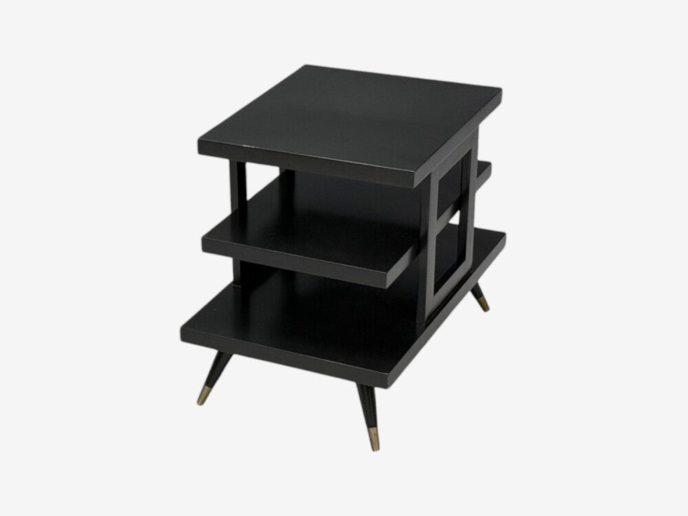 Ico Parisi Style, Ebonized Wood, Brass, Sculptural Side Table, Europe, 1950s