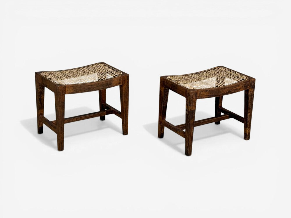Pierre Jeanneret, Rectangular Low Stools, Teak, Cane, Chandigarh, India, 1960s