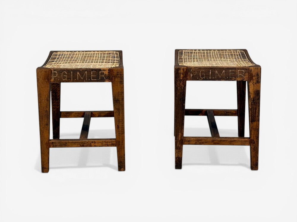 Pierre Jeanneret, Rectangular Low Stools, Teak, Cane, Chandigarh, India, 1960s