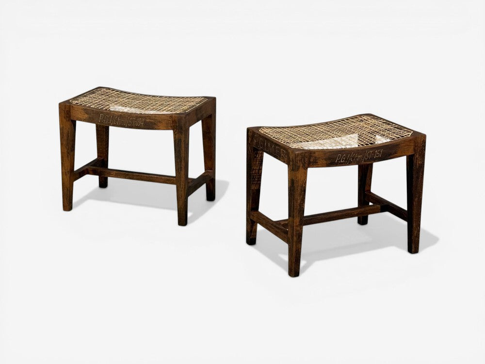 Pierre Jeanneret, Rectangular Low Stools, Teak, Cane, Chandigarh, India, 1960s