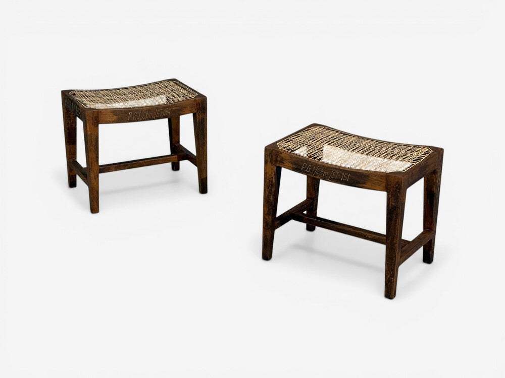 Pierre Jeanneret, Rectangular Low Stools, Teak, Cane, Chandigarh, India, 1960s