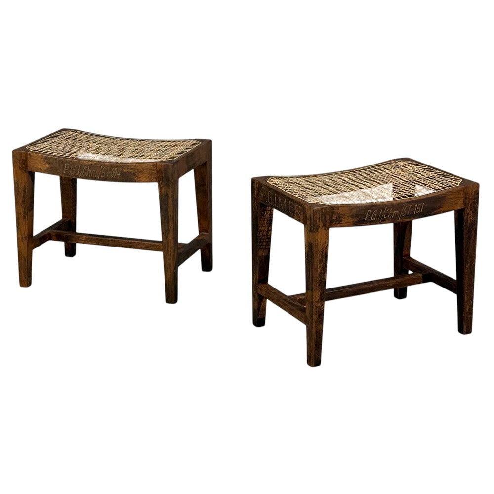 Pierre Jeanneret, Rectangular Low Stools, Teak, Cane, Chandigarh, India, 1960s