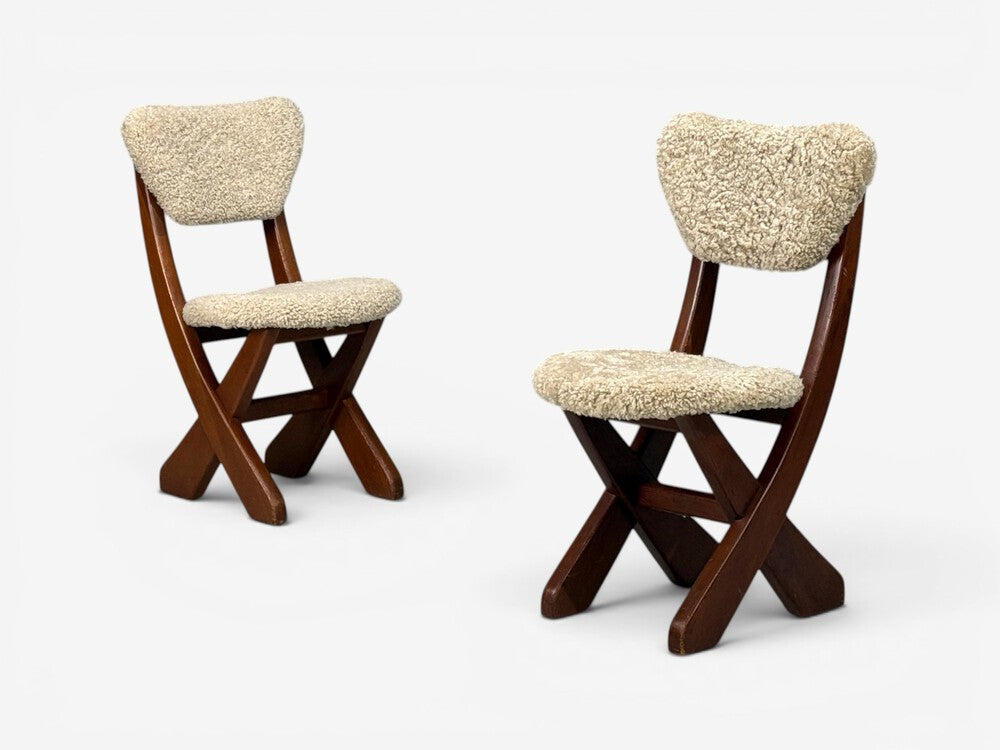 Danish Modern, Brutalist Dining Chairs, Pine, Shearling, Denmark, 1960s