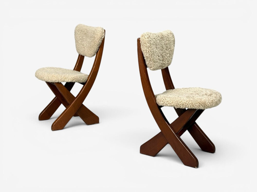 Danish Modern, Brutalist Dining Chairs, Pine, Shearling, Denmark, 1960s