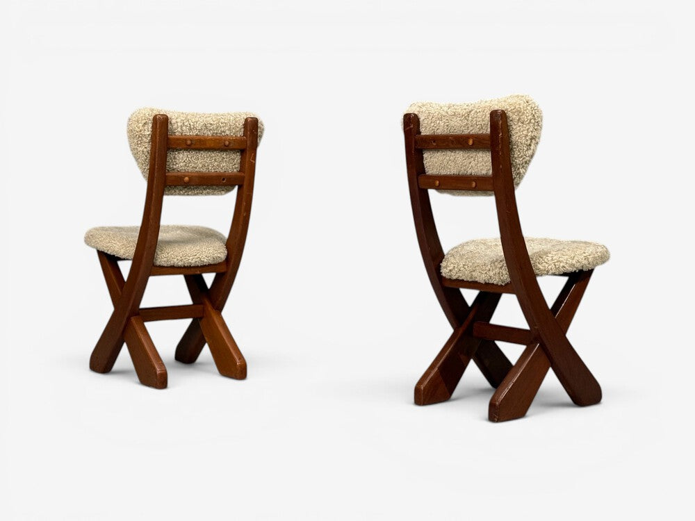 Danish Modern, Brutalist Dining Chairs, Pine, Shearling, Denmark, 1960s