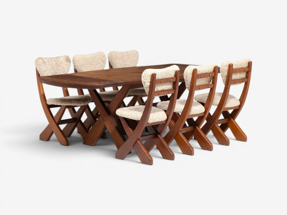 Danish Modern, Brutalist Dining Chairs, Pine, Shearling, Denmark, 1960s