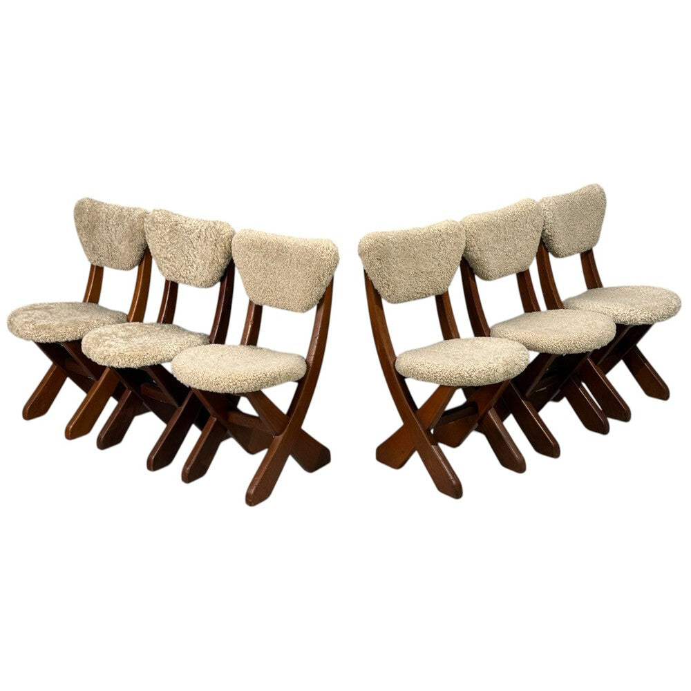 Danish Modern, Brutalist Dining Chairs, Pine, Shearling, Denmark, 1960s