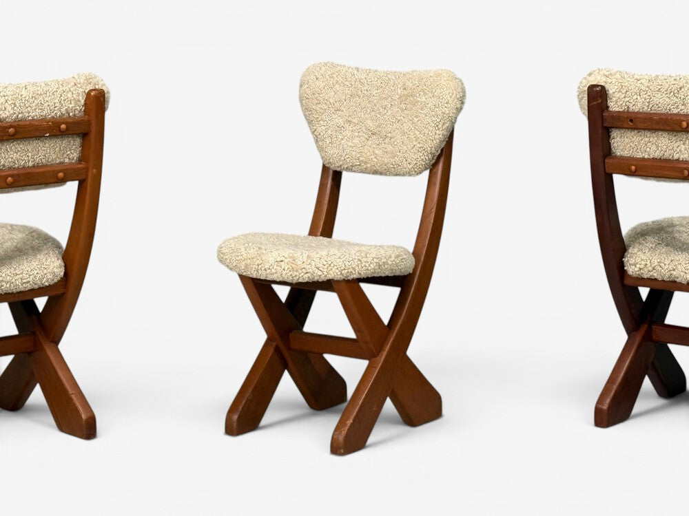 Danish Modern, Brutalist Dining Room Set, Pine, Shearling, Denmark, 1960s